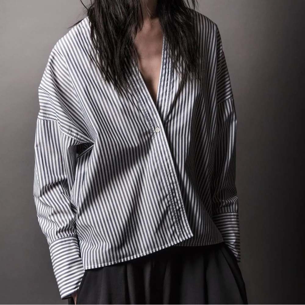 Nili Lotan Striped V Plunge Button Top